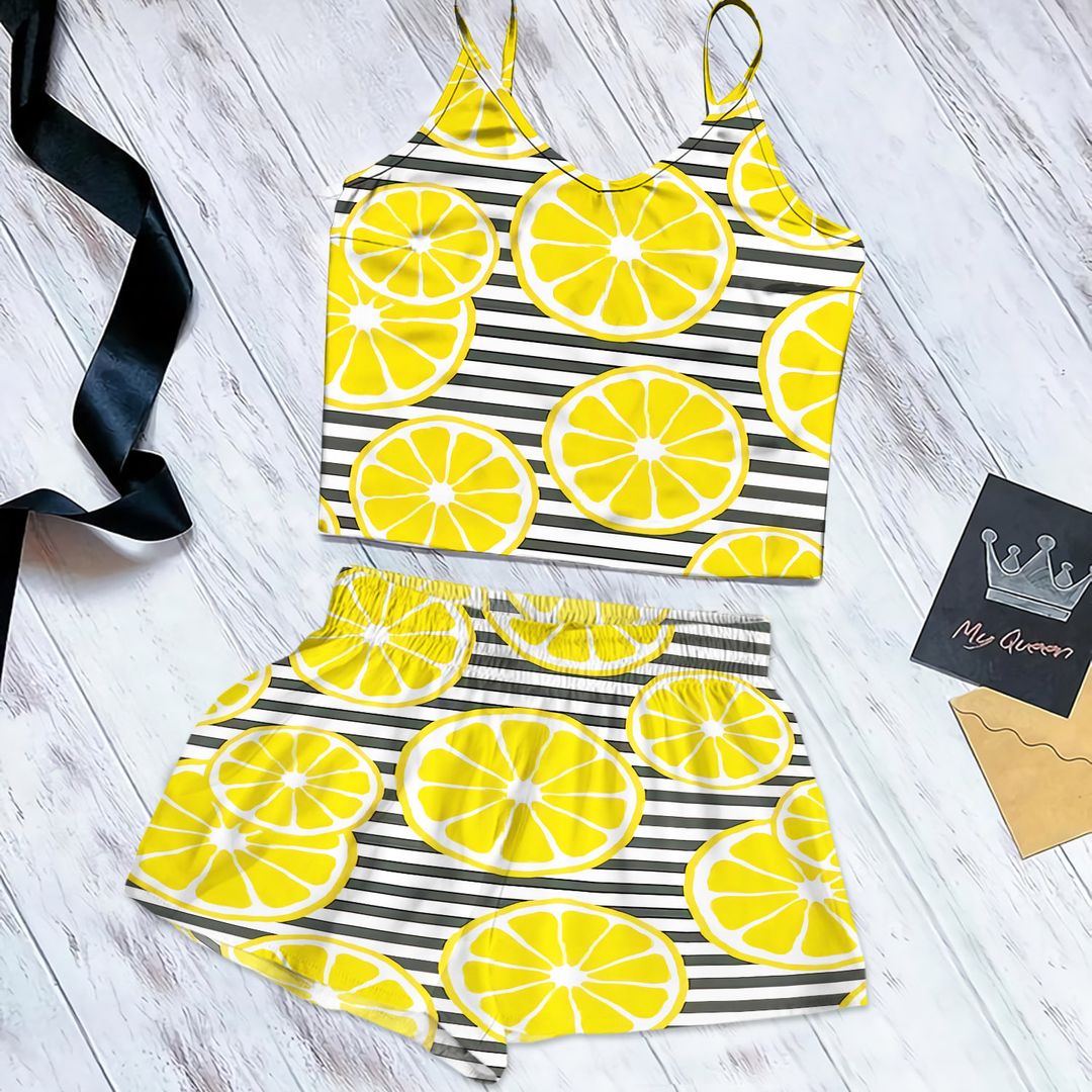 Slice Of Lemon Design Cami Pajama Set For Women | Pyjamas Short Set | Short PJS Set | Women Tank Top and Shorts Sleepwear Set
