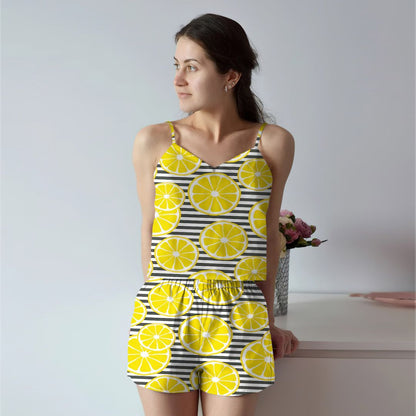 Slice Of Lemon Design Cami Pajama Set For Women | Pyjamas Short Set | Short PJS Set | Women Tank Top and Shorts Sleepwear Set