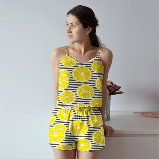 Slice Of Lemon Design Cami Pajama Set For Women | Pyjamas Short Set | Short PJS Set | Women Tank Top and Shorts Sleepwear Set