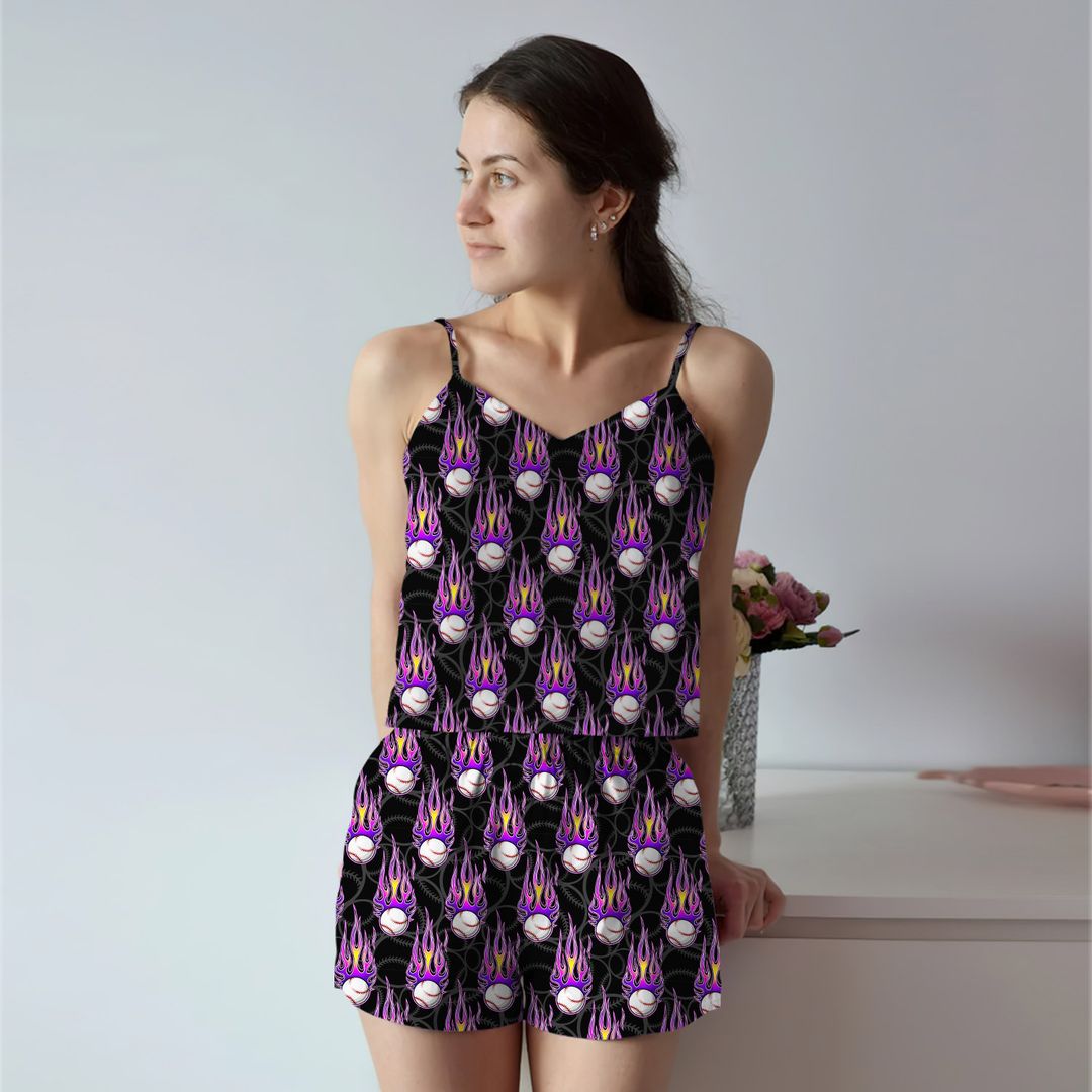 Softball Purple Ball Cami Pajama Set For Women | Pyjamas Short Set | Short PJS Set | Women Tank Top and Shorts Sleepwear Set
