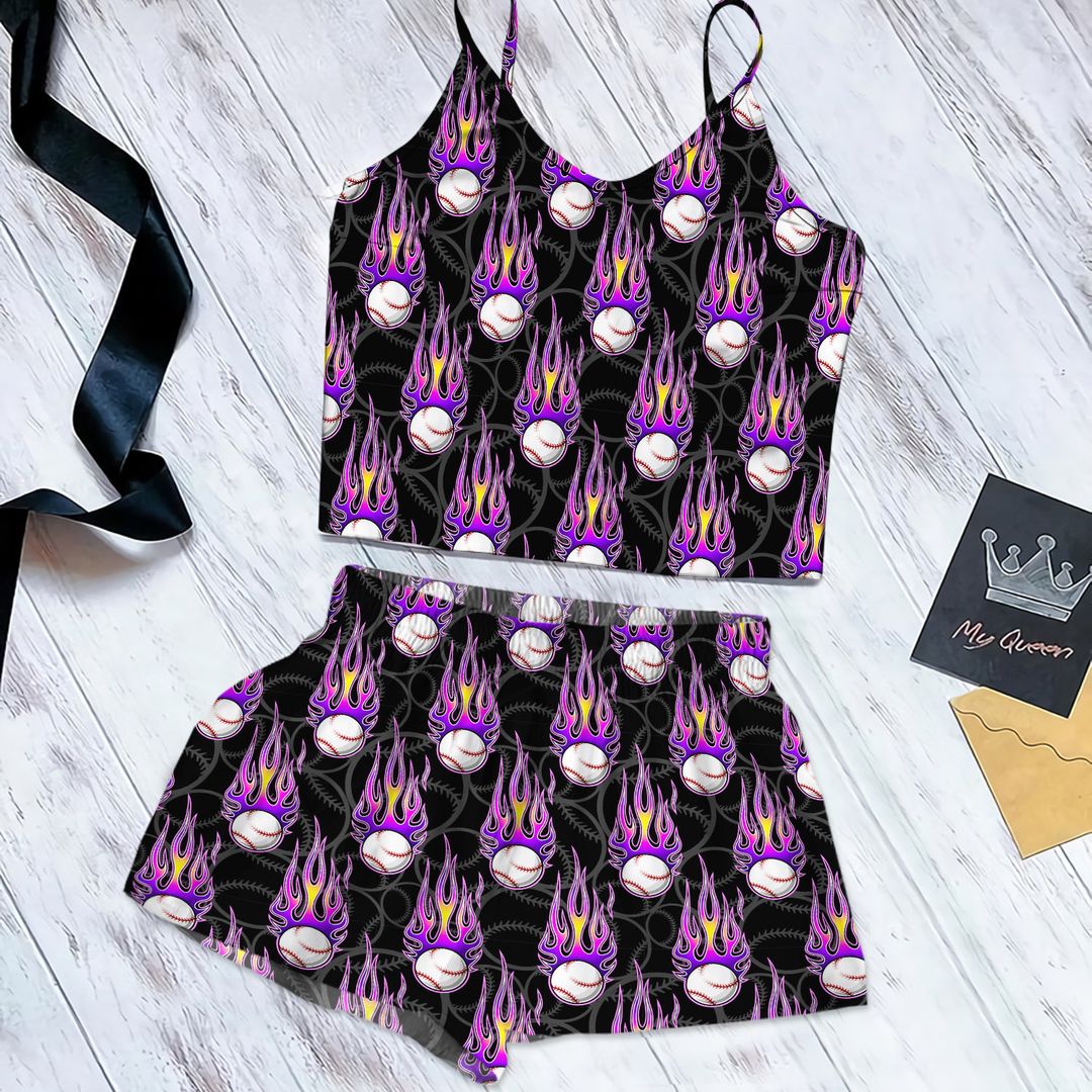 Softball Purple Ball Cami Pajama Set For Women | Pyjamas Short Set | Short PJS Set | Women Tank Top and Shorts Sleepwear Set