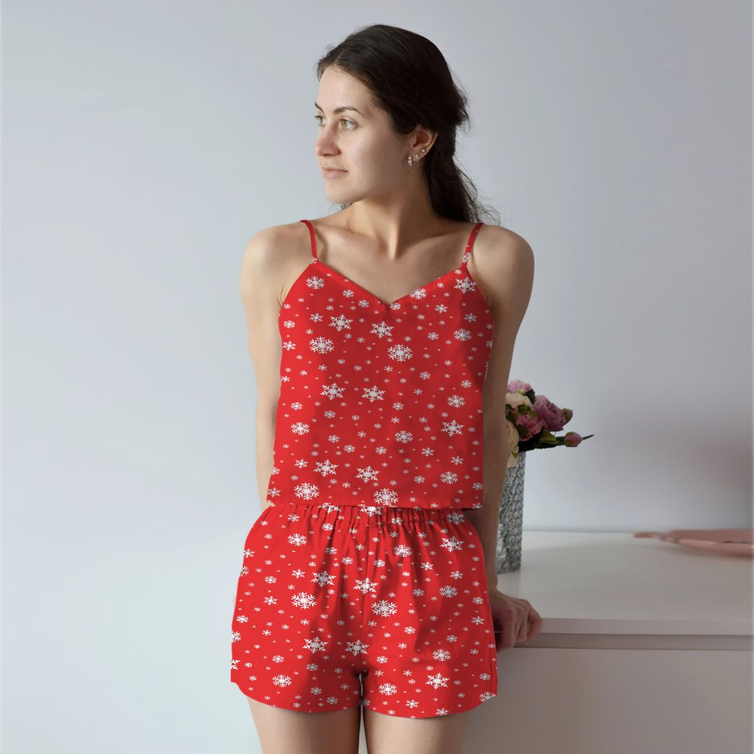 Snowflake Cami Pajama Set For Women | Pyjamas Short Set | Short PJS Set | Women Tank Top and Shorts Sleepwear Set