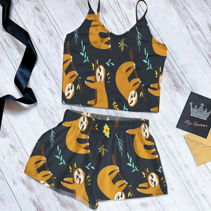 Sloth Pattern Cami Pajama Set For Women | Pyjamas Short Set | Short PJS Set | Women Tank Top and Shorts Sleepwear Set