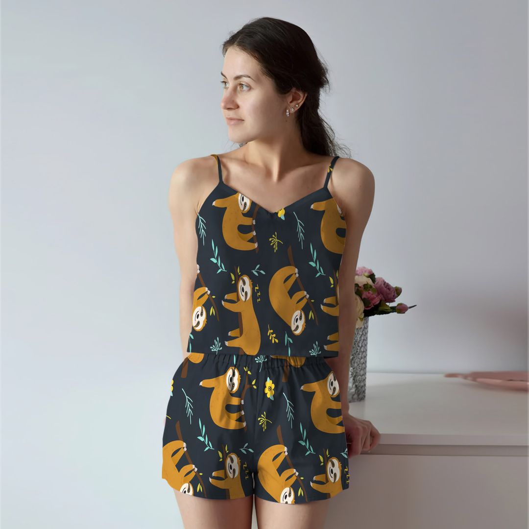 Sloth Pattern Cami Pajama Set For Women | Pyjamas Short Set | Short PJS Set | Women Tank Top and Shorts Sleepwear Set