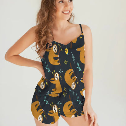 Sloth Pattern Cami Pajama Set For Women | Pyjamas Short Set | Short PJS Set | Women Tank Top and Shorts Sleepwear Set