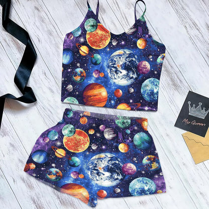 Solar System Cami Pajama Set For Women | Pyjamas Short Set | Short PJS Set | Women Tank Top and Shorts Sleepwear Set
