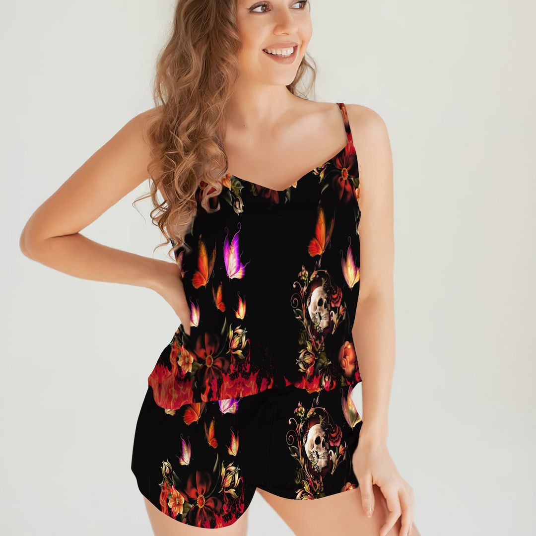 Skull And Butterfly Cami Pajama Set For Women | Pyjamas Short Set | Short PJS Set | Women Tank Top and Shorts Sleepwear Set