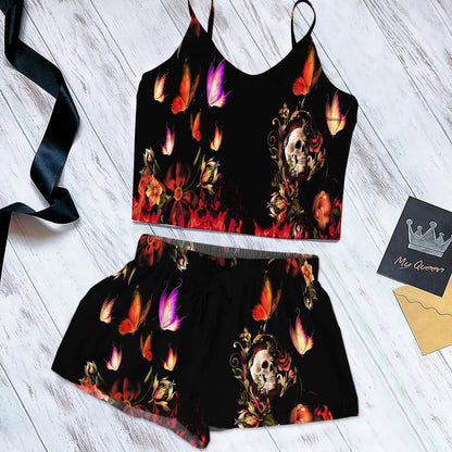 Skull And Butterfly Cami Pajama Set For Women | Pyjamas Short Set | Short PJS Set | Women Tank Top and Shorts Sleepwear Set