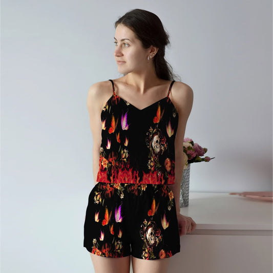 Skull And Butterfly Cami Pajama Set For Women | Pyjamas Short Set | Short PJS Set | Women Tank Top and Shorts Sleepwear Set