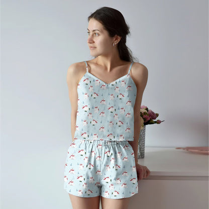 Snow Skating Polar Bear Cami Pajama Set For Women | Pyjamas Short Set | Short PJS Set | Women Tank Top and Shorts Sleepwear Set