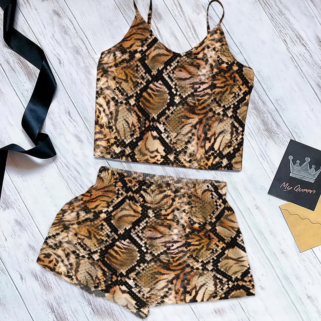 Snake Skin Camo Cami Pajama Set For Women | Pyjamas Short Set | Short PJS Set | Women Tank Top and Shorts Sleepwear Set