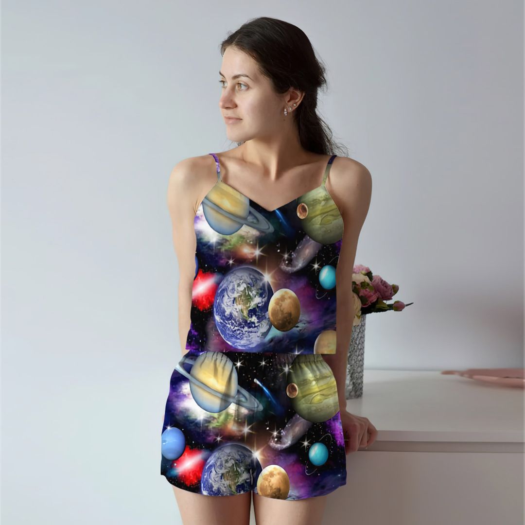 Solar System Cami Pajama Set For Women | Pyjamas Short Set | Short PJS Set | Women Tank Top and Shorts Sleepwear Set
