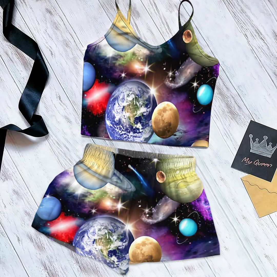 Solar System Cami Pajama Set For Women | Pyjamas Short Set | Short PJS Set | Women Tank Top and Shorts Sleepwear Set