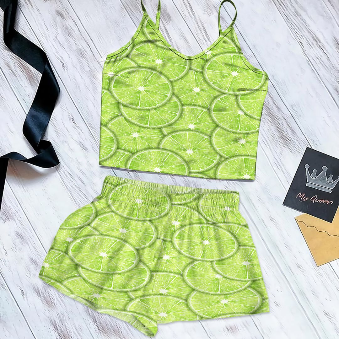 Slices Of Lime Cami Pajama Set For Women | Pyjamas Short Set | Short PJS Set | Women Tank Top and Shorts Sleepwear Set