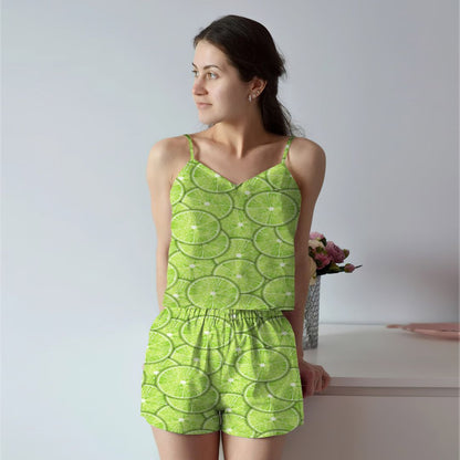 Slices Of Lime Cami Pajama Set For Women | Pyjamas Short Set | Short PJS Set | Women Tank Top and Shorts Sleepwear Set