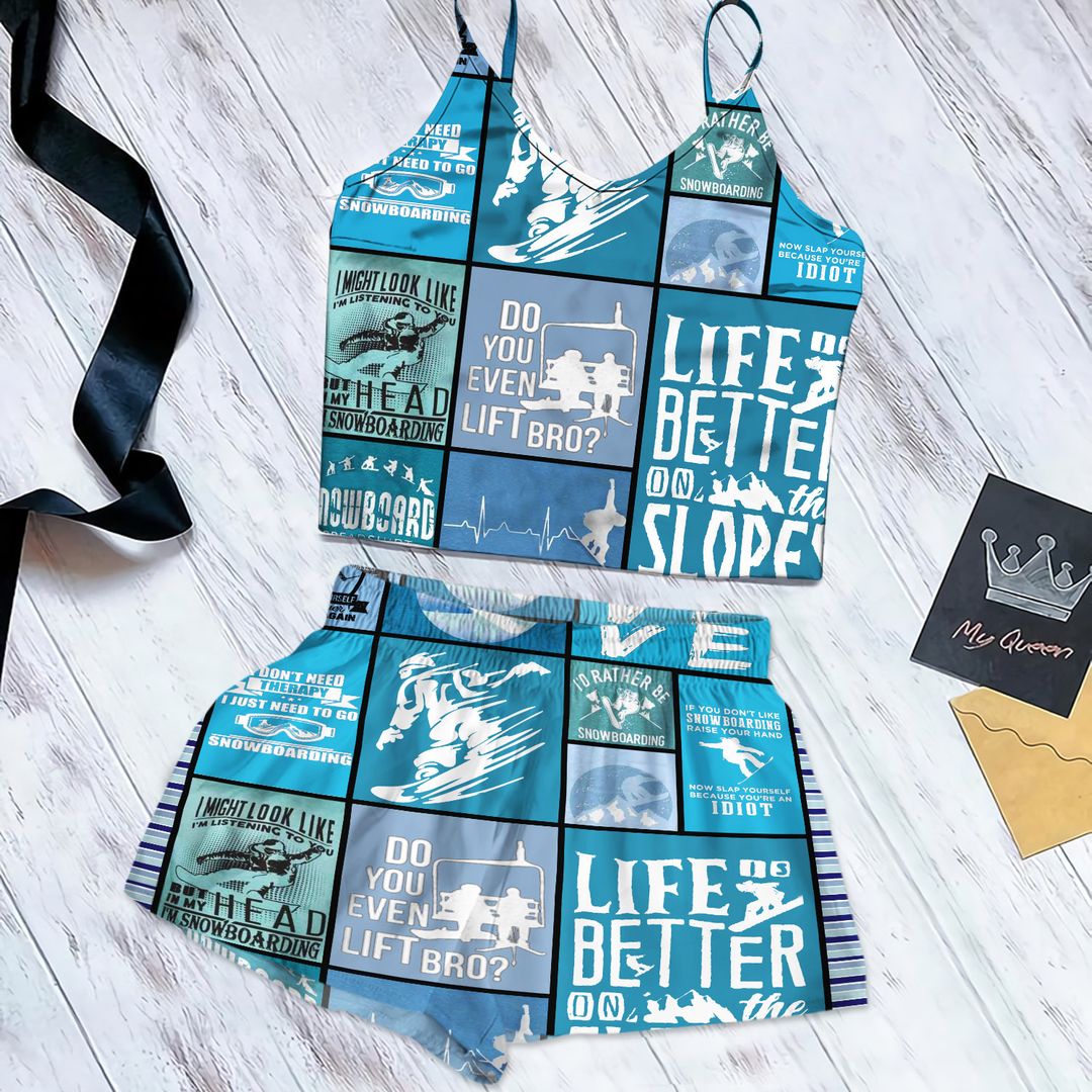 Snowboarding Cami Pajama Set For Women | Pyjamas Short Set | Short PJS Set | Women Tank Top and Shorts Sleepwear Set