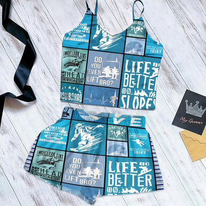 Snowboarding Cami Pajama Set For Women | Pyjamas Short Set | Short PJS Set | Women Tank Top and Shorts Sleepwear Set