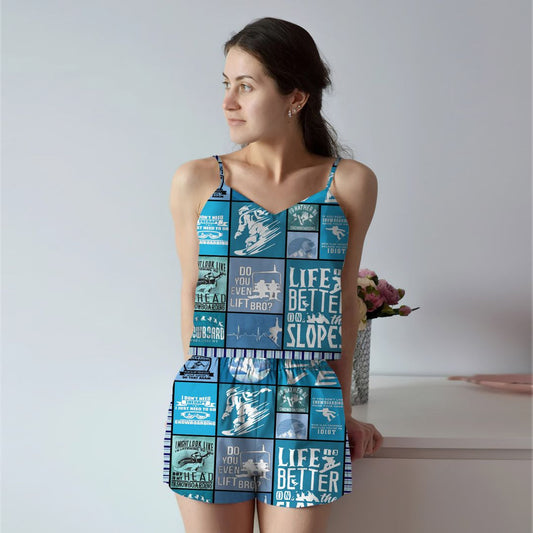 Snowboarding Cami Pajama Set For Women | Pyjamas Short Set | Short PJS Set | Women Tank Top and Shorts Sleepwear Set