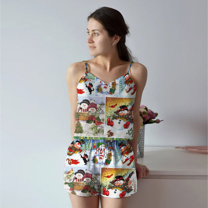 Snowman Cami Pajama Set For Women | Pyjamas Short Set | Short PJS Set | Women Tank Top and Shorts Sleepwear Set
