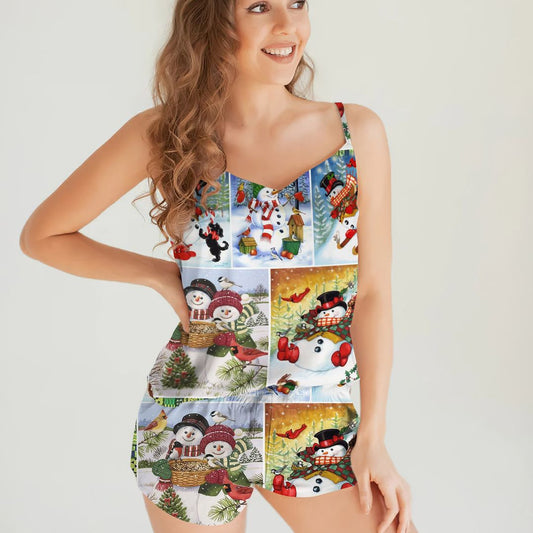 Snowman Cami Pajama Set For Women | Pyjamas Short Set | Short PJS Set | Women Tank Top and Shorts Sleepwear Set