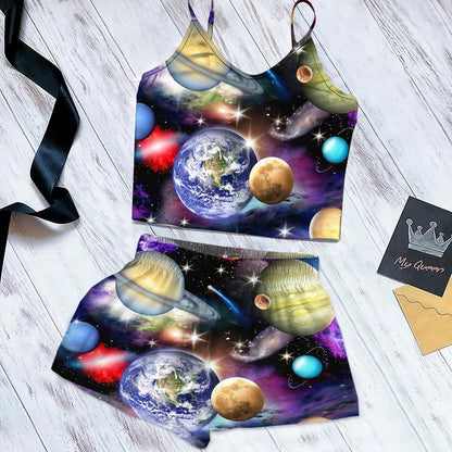 Solar System Cami Pajama Set For Women | Pyjamas Short Set | Short PJS Set | Women Tank Top and Shorts Sleepwear Set