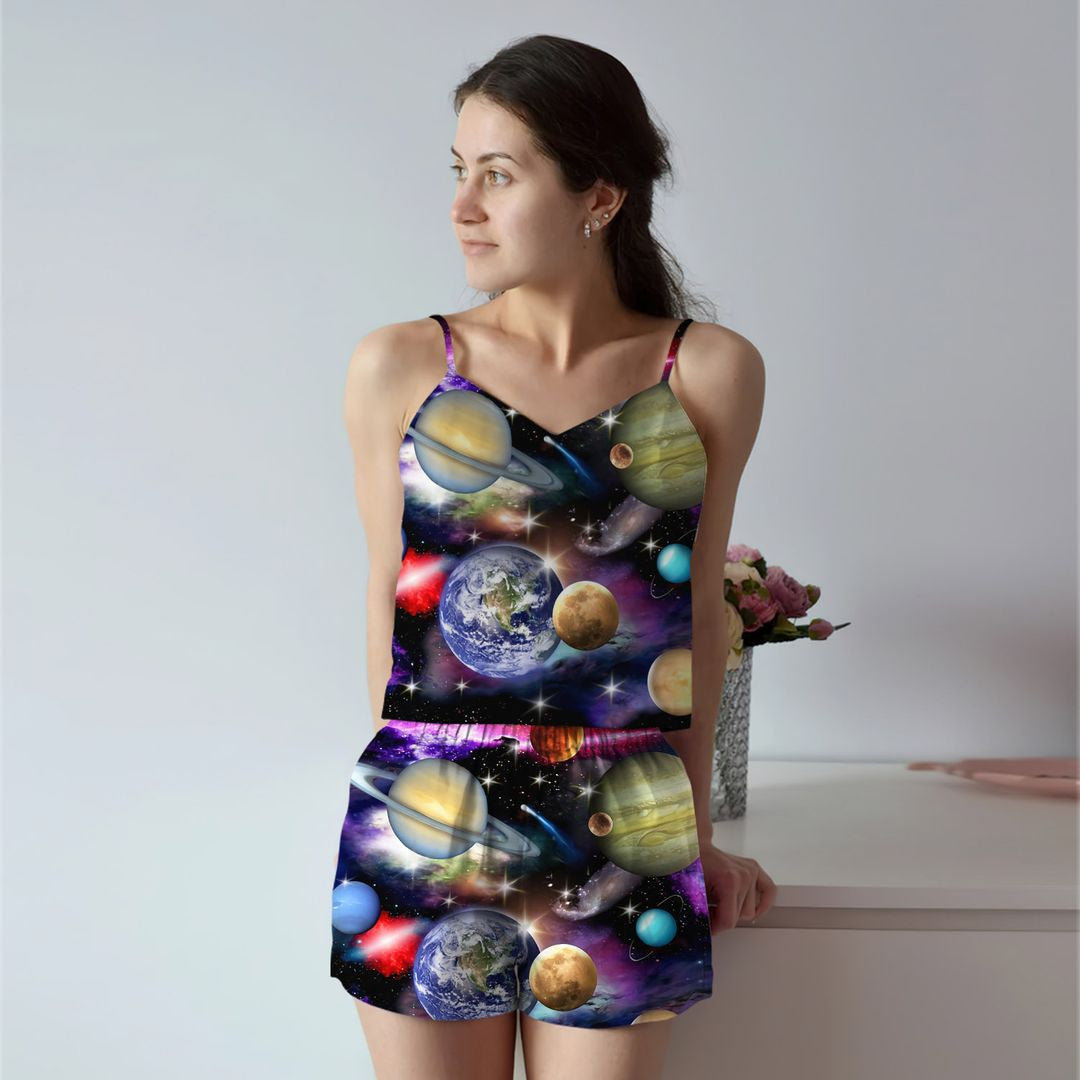 Solar System Cami Pajama Set For Women | Pyjamas Short Set | Short PJS Set | Women Tank Top and Shorts Sleepwear Set
