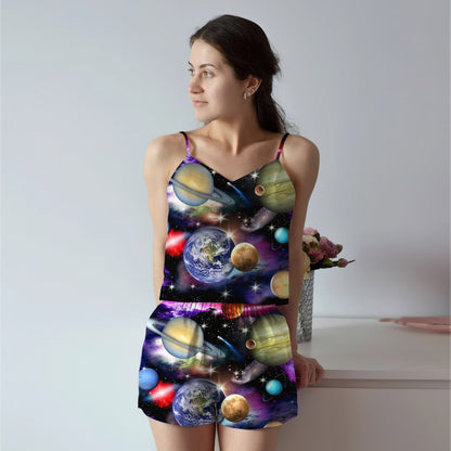 Solar System Cami Pajama Set For Women | Pyjamas Short Set | Short PJS Set | Women Tank Top and Shorts Sleepwear Set