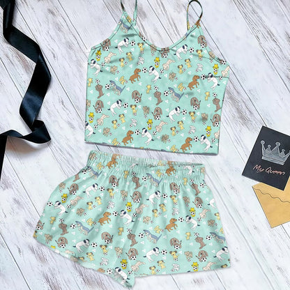Soccer And Baby Dogs Cami Pajama Set For Women | Pyjamas Short Set | Short PJS Set | Women Tank Top and Shorts Sleepwear Set