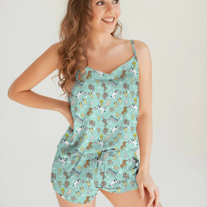 Soccer And Baby Dogs Cami Pajama Set For Women | Pyjamas Short Set | Short PJS Set | Women Tank Top and Shorts Sleepwear Set