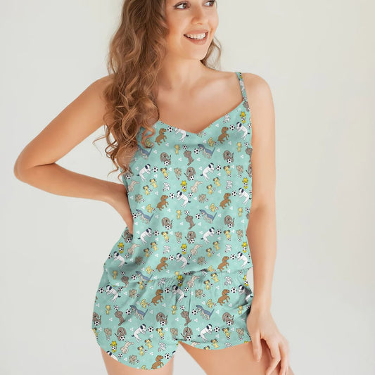 Soccer And Baby Dogs Cami Pajama Set For Women | Pyjamas Short Set | Short PJS Set | Women Tank Top and Shorts Sleepwear Set