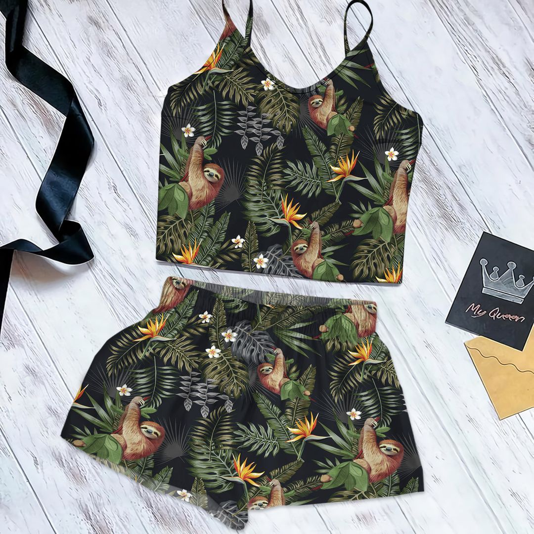 Sloth Pattern Cami Pajama Set For Women | Pyjamas Short Set | Short PJS Set | Women Tank Top and Shorts Sleepwear Set