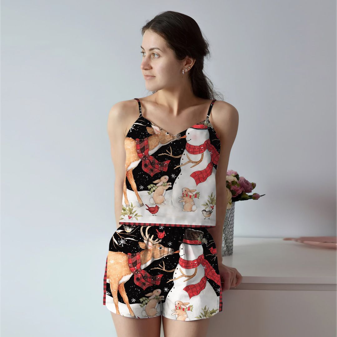 Snowman And Cami Pajama Set For Women | Pyjamas Short Set | Short PJS Set | Women Tank Top and Shorts Sleepwear Set