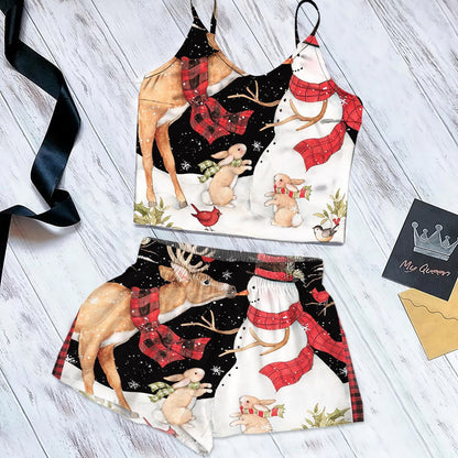 Snowman And Cami Pajama Set For Women | Pyjamas Short Set | Short PJS Set | Women Tank Top and Shorts Sleepwear Set