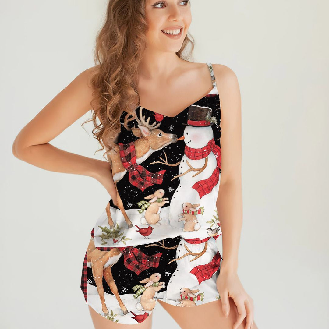 Snowman And Cami Pajama Set For Women | Pyjamas Short Set | Short PJS Set | Women Tank Top and Shorts Sleepwear Set