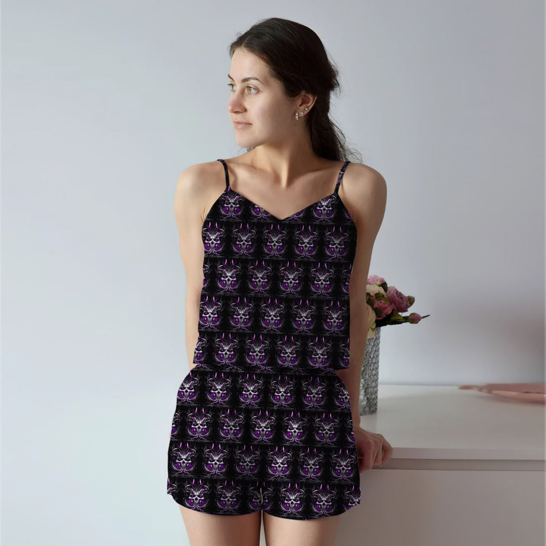 Skull Purple Cami Pajama Set For Women | Pyjamas Short Set | Short PJS Set | Women Tank Top and Shorts Sleepwear Set
