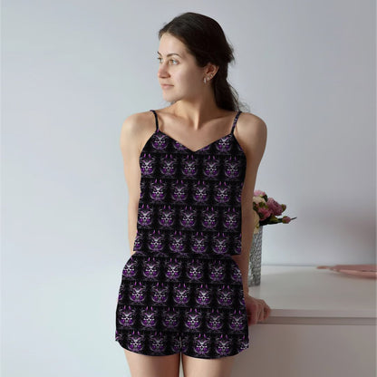 Skull Purple Cami Pajama Set For Women | Pyjamas Short Set | Short PJS Set | Women Tank Top and Shorts Sleepwear Set
