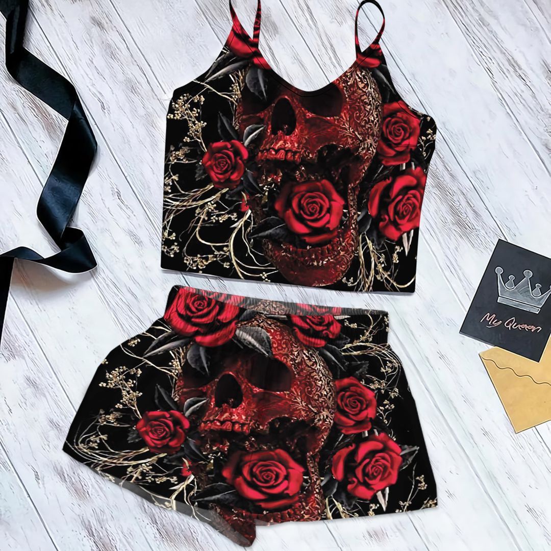 Skull Cami Pajama Set For Women | Pyjamas Short Set | Short PJS Set | Women Tank Top and Shorts Sleepwear Set