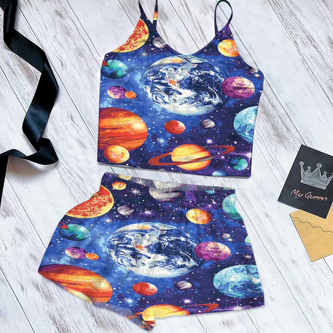 Solar System Cami Pajama Set For Women | Pyjamas Short Set | Short PJS Set | Women Tank Top and Shorts Sleepwear Set