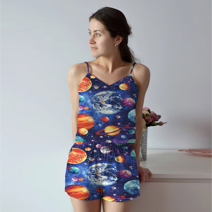 Solar System Cami Pajama Set For Women | Pyjamas Short Set | Short PJS Set | Women Tank Top and Shorts Sleepwear Set