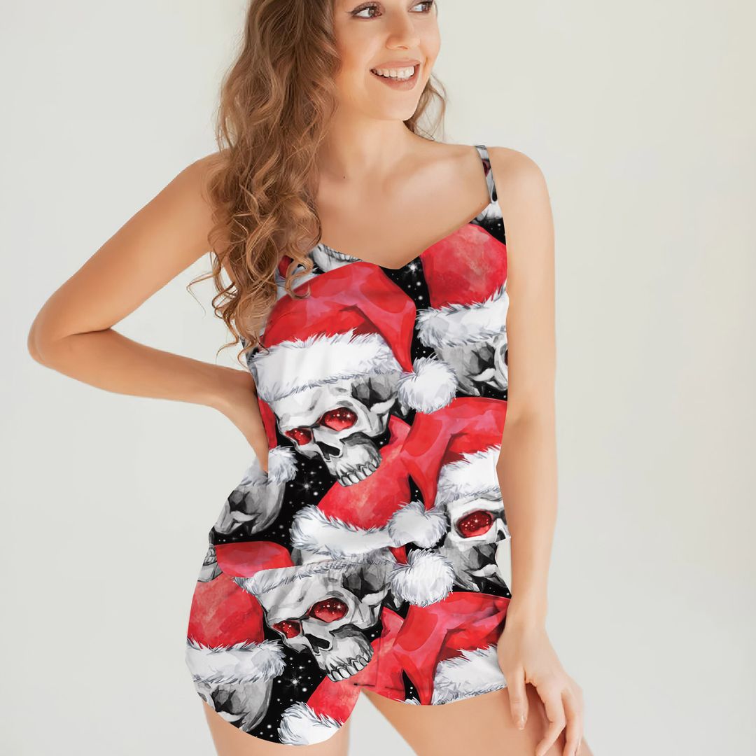 Skull Christmas Cami Pajama Set For Women | Pyjamas Short Set | Short PJS Set | Women Tank Top and Shorts Sleepwear Set