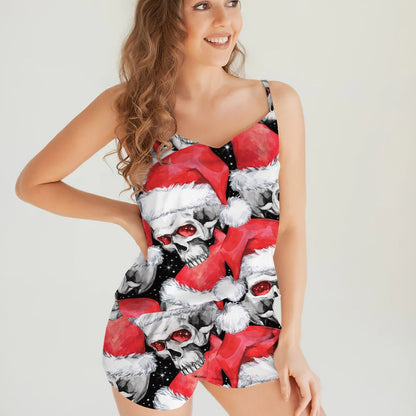 Skull Christmas Cami Pajama Set For Women | Pyjamas Short Set | Short PJS Set | Women Tank Top and Shorts Sleepwear Set
