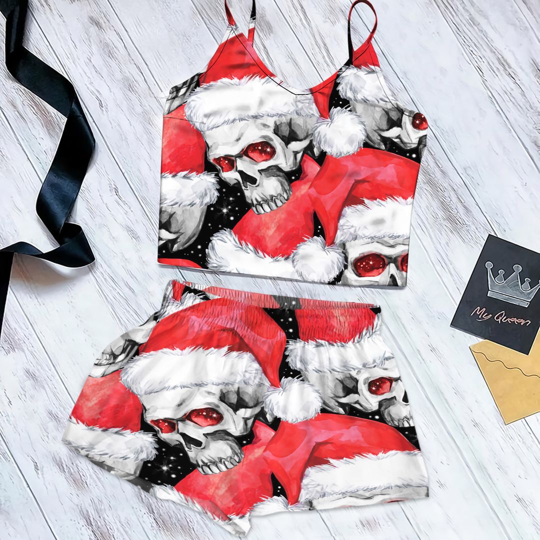 Skull Christmas Cami Pajama Set For Women | Pyjamas Short Set | Short PJS Set | Women Tank Top and Shorts Sleepwear Set