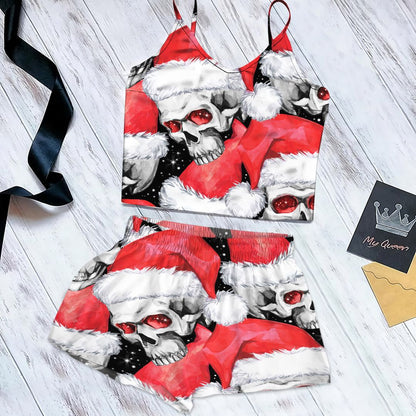Skull Christmas Cami Pajama Set For Women | Pyjamas Short Set | Short PJS Set | Women Tank Top and Shorts Sleepwear Set