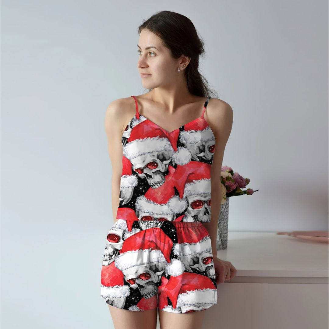 Skull Christmas Cami Pajama Set For Women | Pyjamas Short Set | Short PJS Set | Women Tank Top and Shorts Sleepwear Set