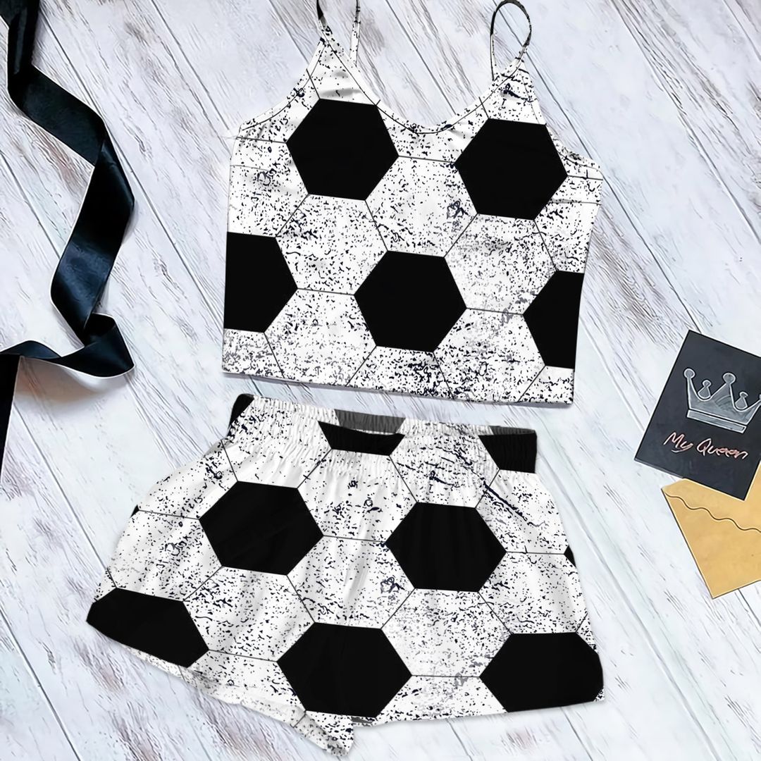 Soccer Ball Cami Pajama Set For Women | Pyjamas Short Set | Short PJS Set | Women Tank Top and Shorts Sleepwear Set