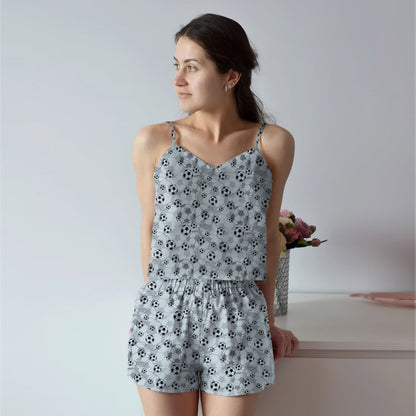 Soccer Grey Cami Pajama Set For Women | Pyjamas Short Set | Short PJS Set | Women Tank Top and Shorts Sleepwear Set