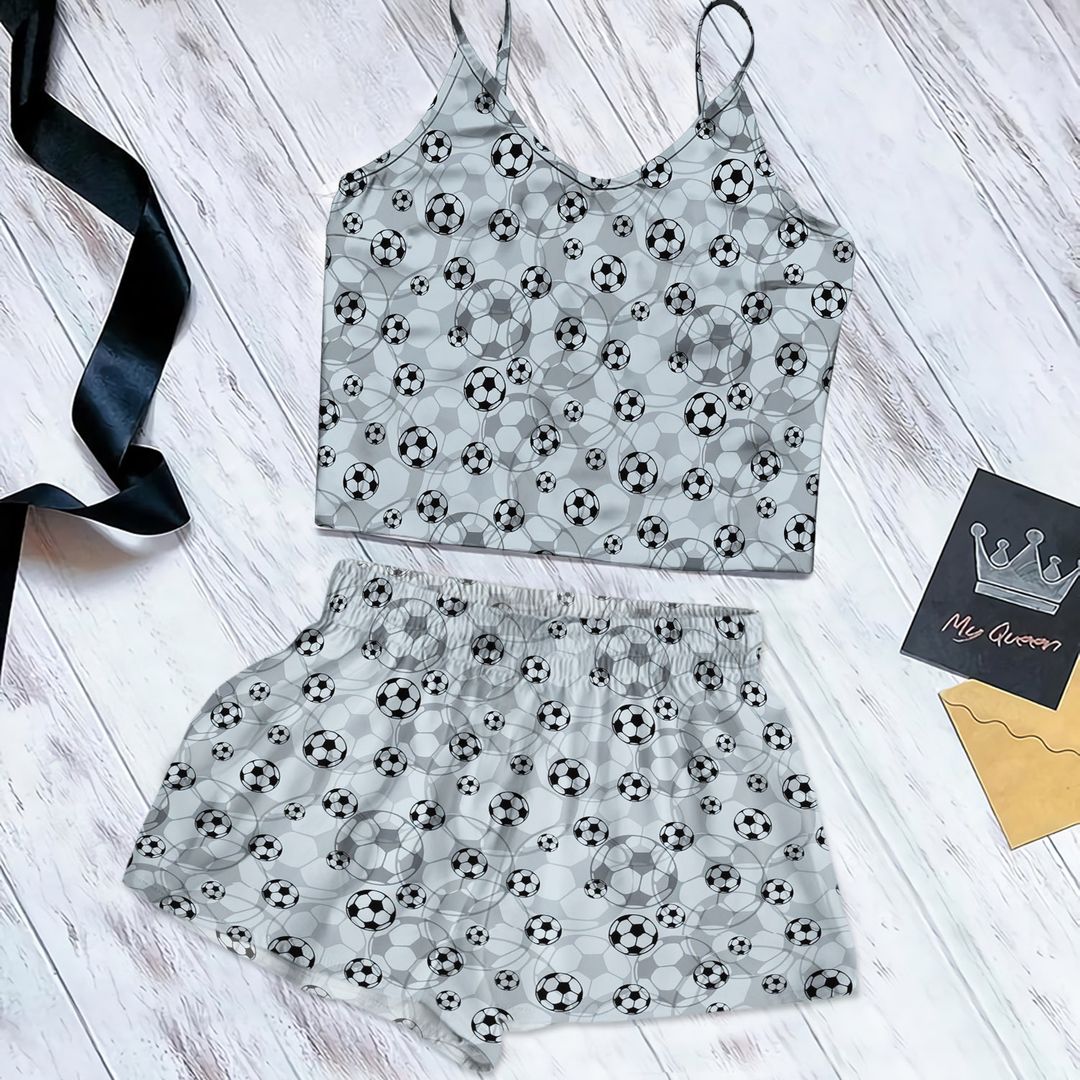 Soccer Grey Cami Pajama Set For Women | Pyjamas Short Set | Short PJS Set | Women Tank Top and Shorts Sleepwear Set