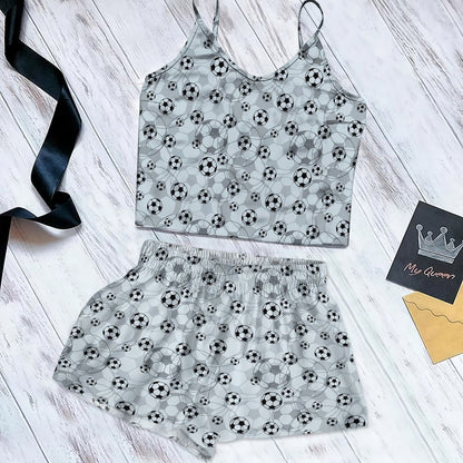Soccer Grey Cami Pajama Set For Women | Pyjamas Short Set | Short PJS Set | Women Tank Top and Shorts Sleepwear Set