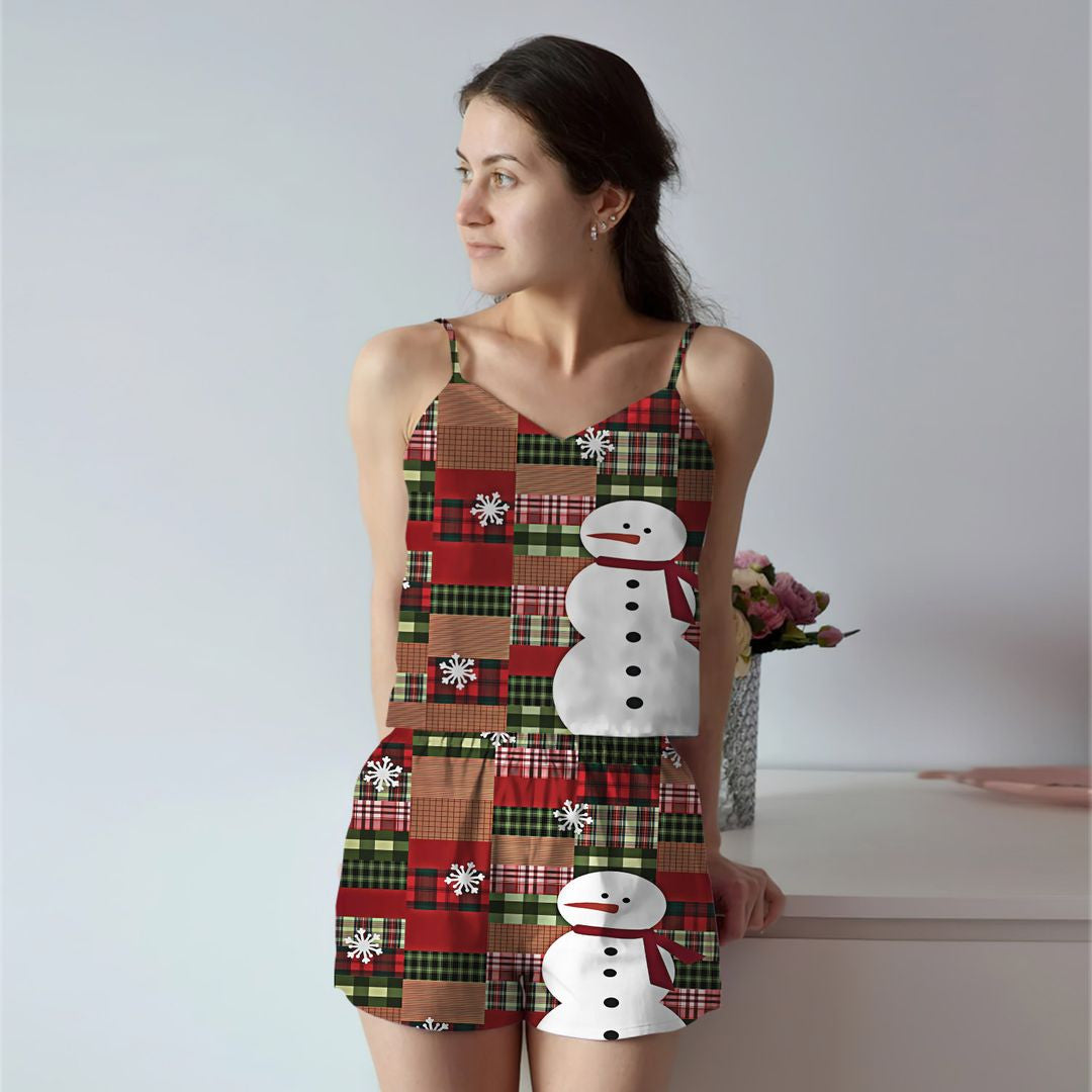 Snowman Christmas Cami Pajama Set For Women | Pyjamas Short Set | Short PJS Set | Women Tank Top and Shorts Sleepwear Set