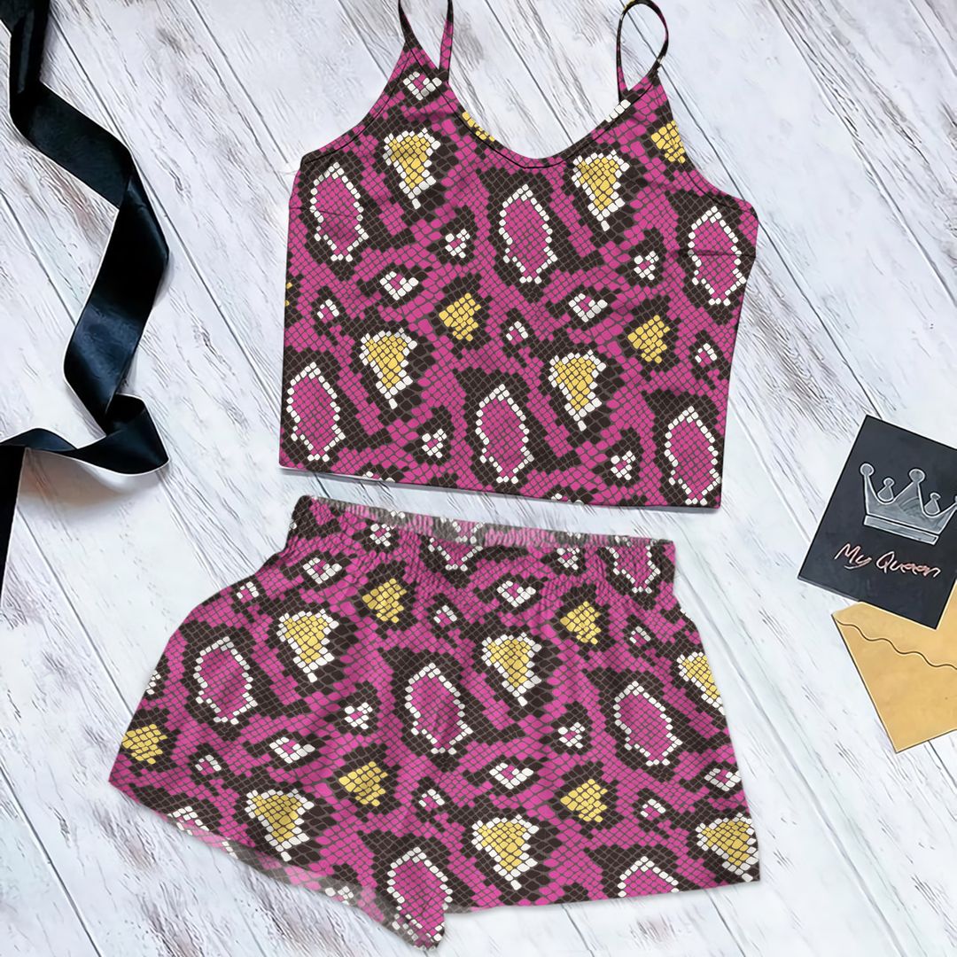 Snake Purple Skin Cami Pajama Set For Women | Pyjamas Short Set | Short PJS Set | Women Tank Top and Shorts Sleepwear Set
